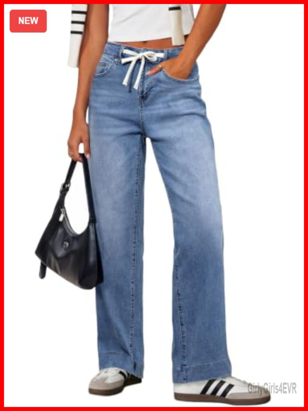 High Waisted Straight Leg Jeans Drawstring Denim Pants
